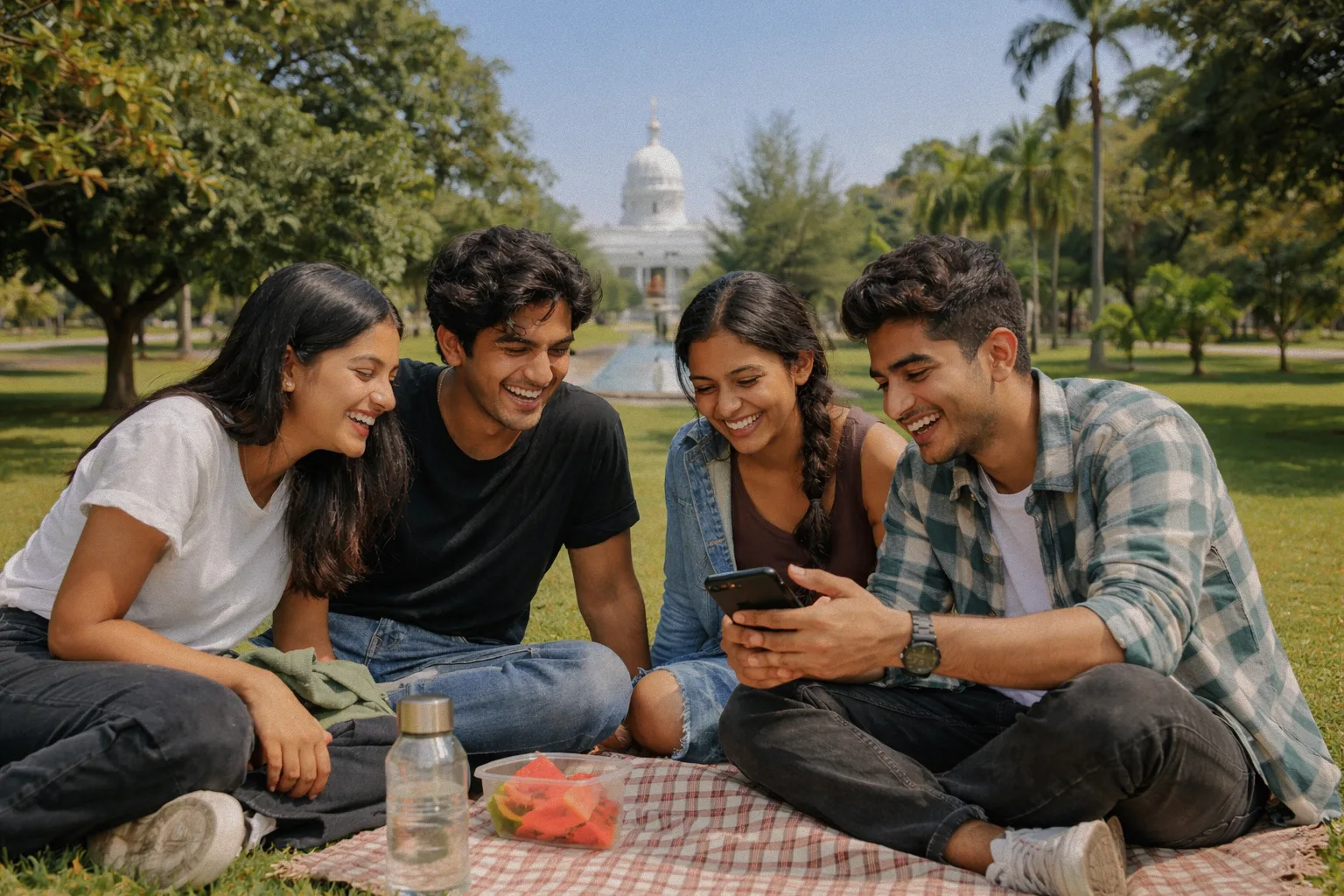 Four young Sri Lankans laughing together while looking at a phone outdoors