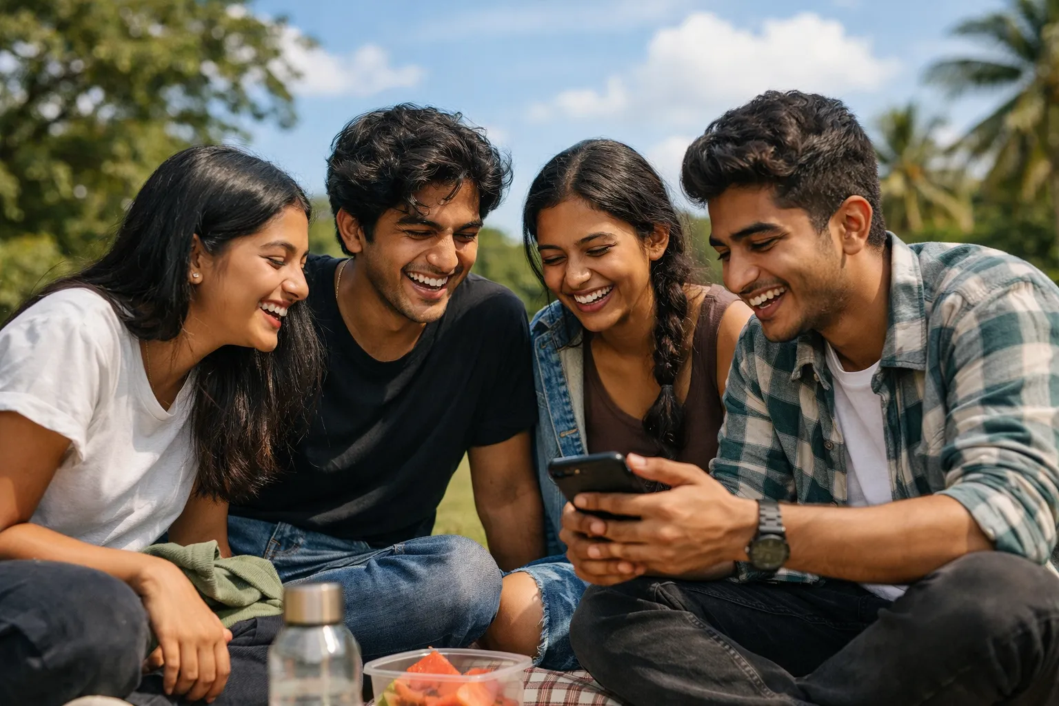 Four young Sri Lankans laughing together while looking at a phone outdoors